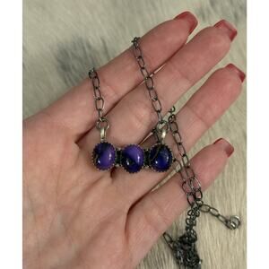 Sterling Silver Purple Mojave Turquoise 3 Stone Bar Oval Link Necklace 20” 925